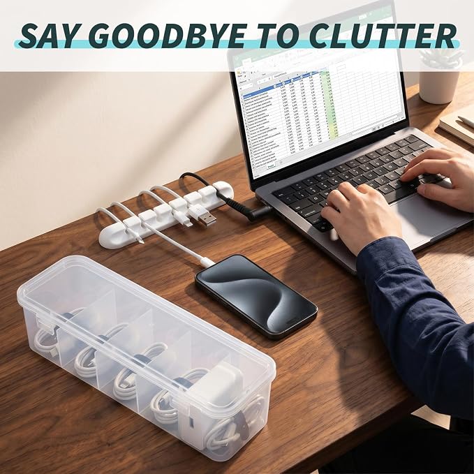 Charging Cord Storage Organizer- 5 Compartments | Charging Cord Organizer Box, with 5 Cable Ties and 1 Cable Clip,for Home Office Desk