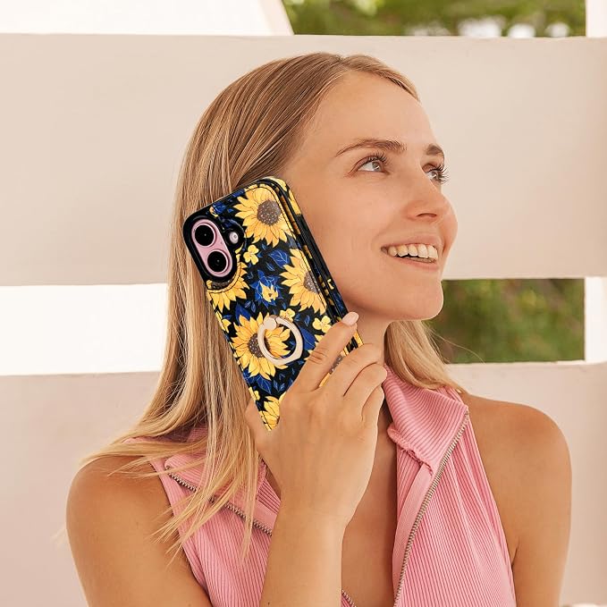 HAOPINSH for iPhone 16 Wallet Case with Card Holder, 360°Rotation Ring Kickstand, Blooming Sunflowers Pattern, RFID Blocking Leather for Girls Women, Protective Cover 6.1"