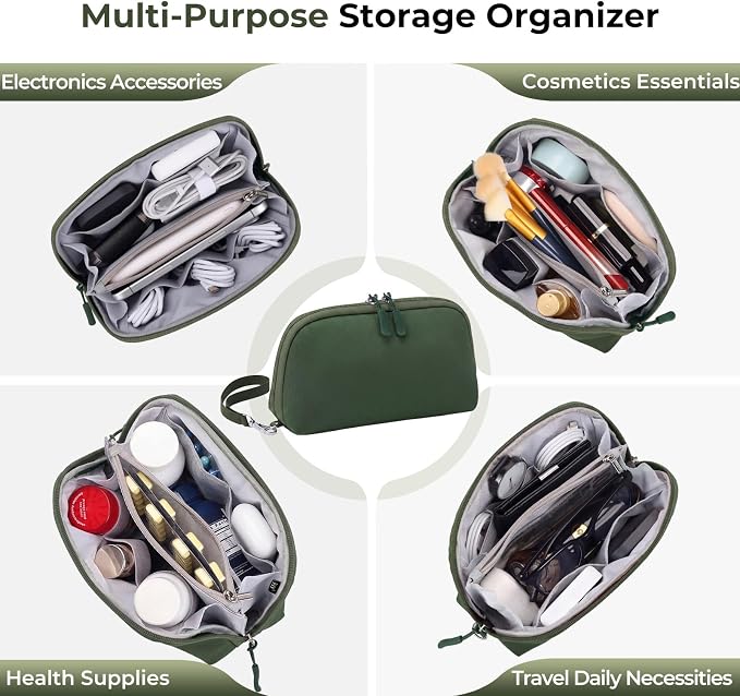 FYY Travel Cable Organizer - 8 Compartments, Lightweight, Water Repellent | With Wrist Strap, Portable Tech Pouch for Cord Charger, Travel and Business Trips Use, Soft Shell Nylon, Green (Small)
