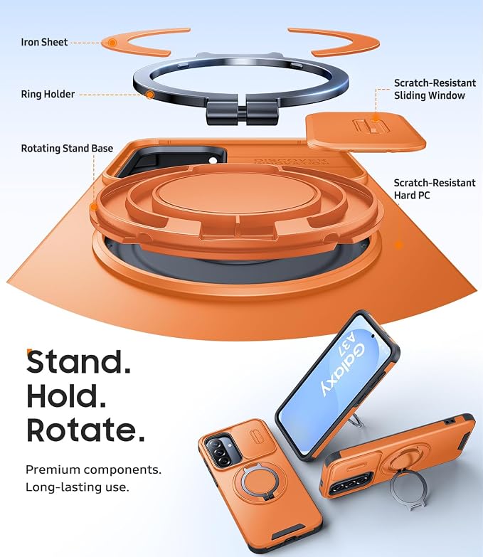 JAME for Samsung Galaxy A37/A36/A56 5G Case, Ring Holder Stand Kickstand, Slide Camera Cover, 2 Screen Protectors, Dual-Layer Shockproof Protective, Magnetic Accessory Friendly Phone Case, Orange