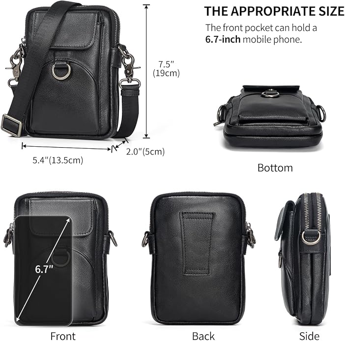 Augus Genuine Leather Small Crossbody Bag Cell Phone Messenger Purse Shoulder Waist Bag for Daily Use for Women and Men