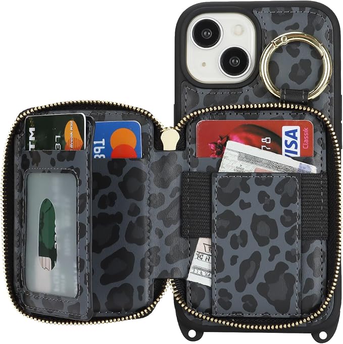 Crossbody Wallet Case for iPhone 14, PU Leather Zipper Handbag Purse Flip Cover, Kickstand Folio Case with Card Slots Holder Wrist Strap Lanyard 5G 6.1 Inch-Black Leopard