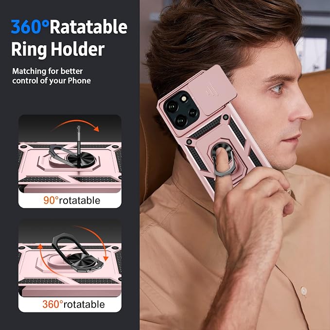 Weycolor for Moto G Stylus 2025 Case with Camera Lens Cover, HD Screen Protector, 10 FT Military Grade Drop Protection, Magnetic Ring Holder Kickstand Protective Phone Case, Rose Gold