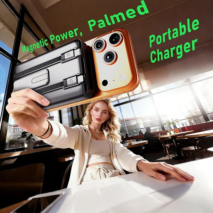 Magnetic Power Bank 10000mAh, 4-in-1 Portable Charger with Built-in USB-C/Lightning Cable Foldable Stand, 15W Fast Charging Wireless Battery Pack for Samsung, Android, iPhone, Travel Essential