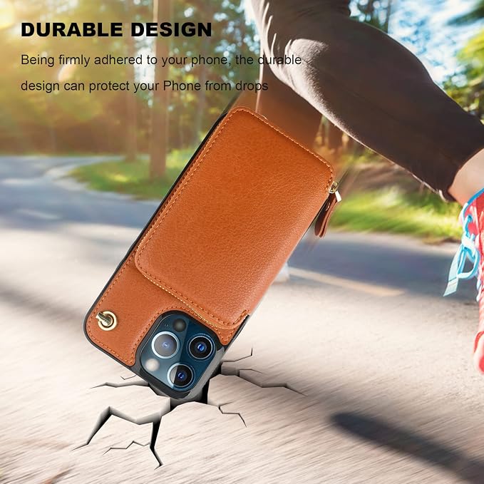 Bocasal Crossbody Wallet Case for iPhone 13 Pro Max, RFID Blocking Leather Purse Case with Card Holder, Protective Handbag Flip Cover with Zipper Wrist Strap Lanyard for Women 5G 6.7 Inch (Brown)