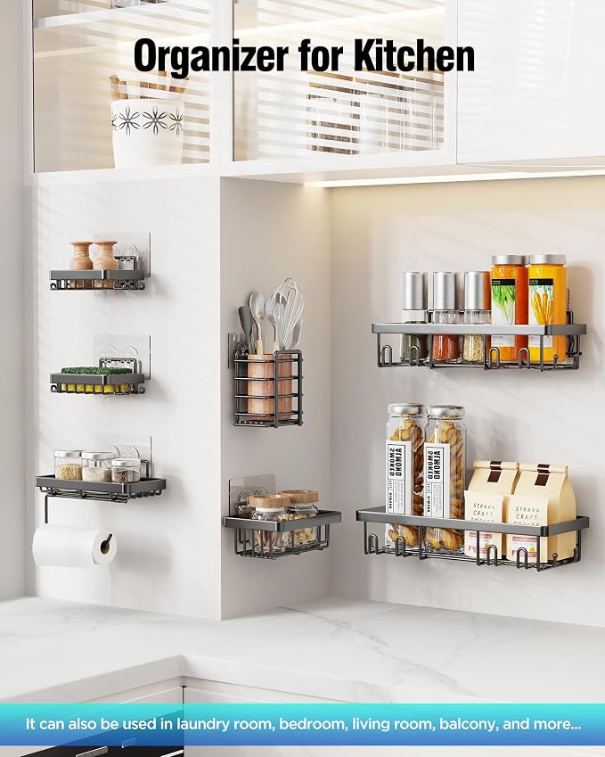 Shower Caddy 7 Pack, Adhesive Bathroom Shower Organizer for Bathroom Storage, No Drilling Large Capacity Rustproof Stainless Steel Shower Shelves Rack for Bath, Black