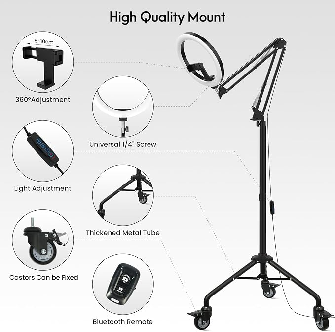 LUXSURE Ring Light Tripod for iPhone,Ring Light with Stand and Phone Holder,LED Overhead Camera Mount with Casters,Phone Tripod with Light and Remote for Video Recording/Live Stream/Cooking