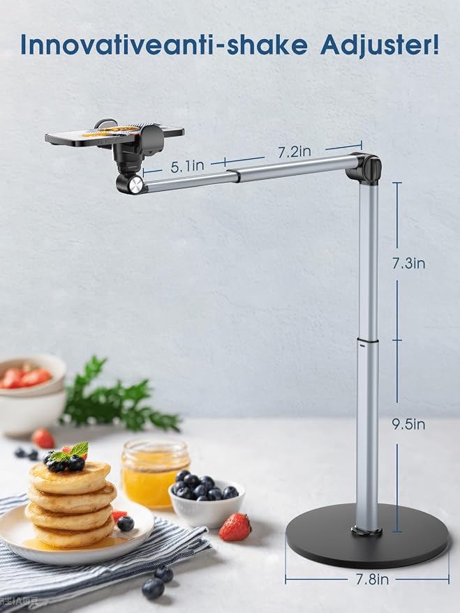 Heavy Duty Aluminum Overhead Phone Stand for Recording, Adjustable iPhone Tripod for Overhead Shots, Sturdy Stand for Cooking, Crafting, Filming, Painting – Perfect for Creators(Clip)