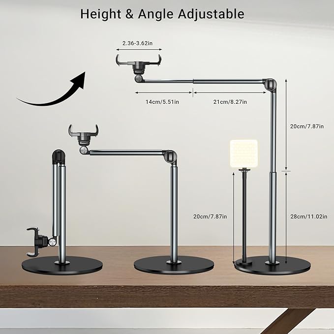 Overhead Phone Mount with Rechargeable Light for iPhone, Table Tripod for Content Creators, Portable Phone Camera Stand for Cooking, Video Recording, Filming, Nail Techs