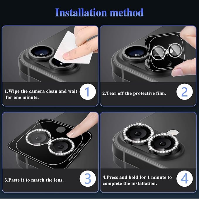 ShinKin Camera Lens Protector for iPhone 16/iPhone 16 Plus, Bling Glitter Camera Cover, 9H Tempered Glass Individual Metal Ring Camera Protector for iPhone 16/iPhone 16 Plus (Diamond - Black)
