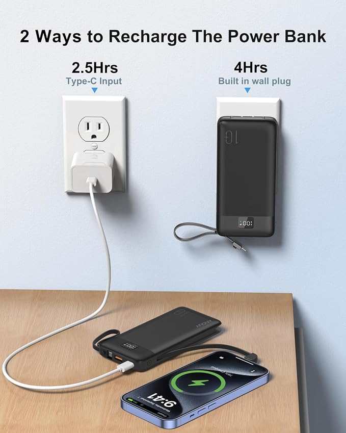 Portable Charger 10000mAh 22.5W PD 3.0+QC 4.0 Super Fast Charging Power Bank with Built-in Cables & AC Wall Plug, Slim External USB C Battery Pack for iPhone 17/16/15/14/13, Android, Samsung, iPad,etc