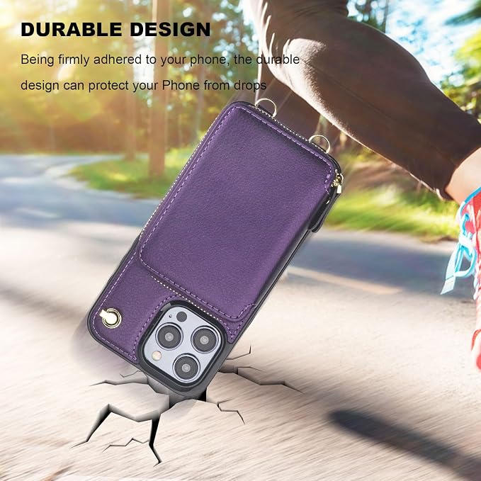 Bocasal Crossbody Wallet Case for iPhone 15 Pro Max, RFID Blocking Leather Purse Case with Card Holder, Protective Handbag Flip Cover with Zipper Wrist Strap Lanyard for Women 6.7 Inch (Dark Purple)