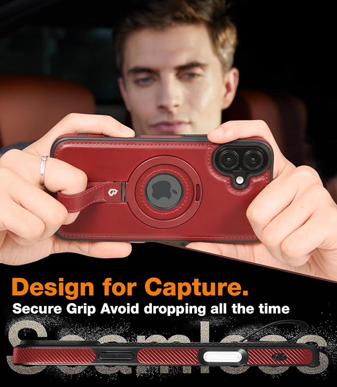 for iPhone 16 Plus Leather Case with Stand, Anti-Slip Grip Ring, Fits for MagSafe (Burgundy, iPhone 16 Plus)