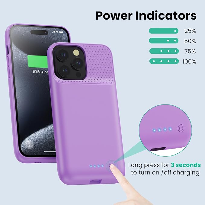 Battery Case for iPhone 15Pro Max, Upgrade 8600mah Portable Slim Battery Charging Case, 15W Fast Charging Rechargeable Protective Extended Charger Cover for iPhone 15 Pro Max (6.7 inch)-Purple