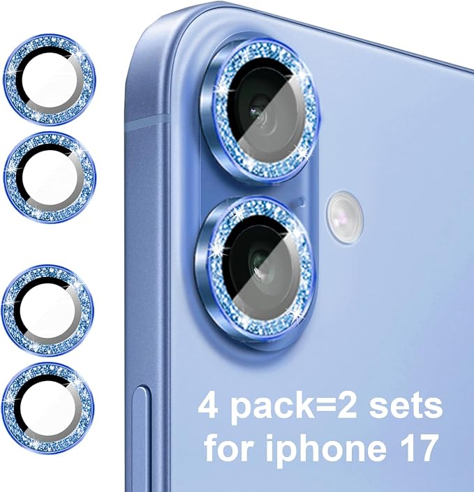 Compatible for iPhone 17/17 Pro/iPhone 17 Pro Max Camera Lens Protector Bling, Cute Sparkle Glitter Camera Cover for Women, Individual Ring, Anti-Scratch (3 Protectors + 1 Extra), Light Blue