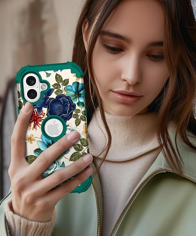 Hocase for iPhone 17 Case 6.3", Heavy Duty Shockproof Protection Soft Silicone Rubber+Hard Plastic Bumpers Hybrid Protective Case for iPhone 17 2025 - Teal Flowers