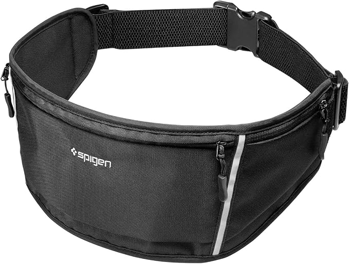 Spigen Life A710 Dynamic Shield Slim Running Adjustable Waist Belt Fanny Pack for Men & Women, Phone Holder, Lightweight, Water Resistant, Reflective, Bounce-free for Running, Jogging, Sports - Black