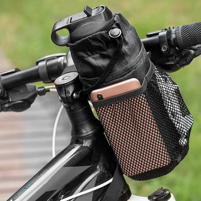 Caudblor Bike Water Bottle Holder Bag for Kid Adult, Insulated Bicycle Coffee Cup Holders with Phone Storage, Black Handlebar Drink/Beverage Container for Walker/Cruiser/Exercise/Mountain Bike