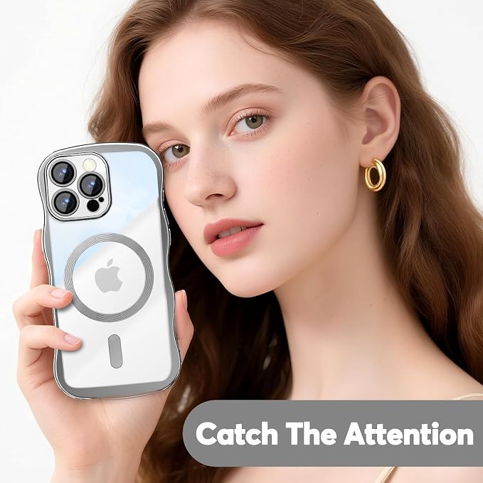 Misscase Designed for iPhone 16 Pro Case 6.3",with Privacy Screen Protector*1,Cute Wave Frame Case with Camera Lens Protector,Compatible with MagSafe Plating Bling for Women Silver