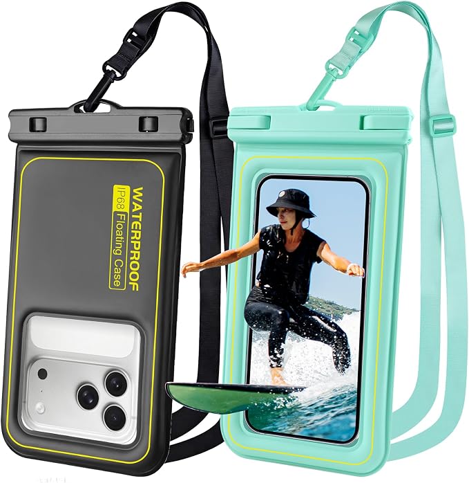 Floating Waterproof Phone Pouch 2 Pack, IP68 Waterproof Phone Case, Up to 8.3" Dry Bag for iPhone 17 16 15 14 Pro Max Samsung S25 Ultra S24 S23, Kayak/Beach/Cruise Travel Essentials - Black+Green