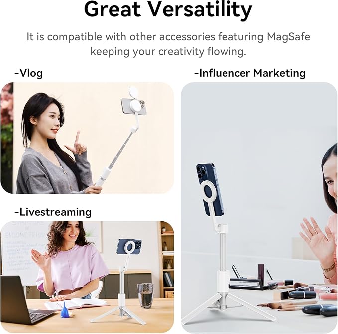 ULANZI 54'' Magnetic Selfie Stick Tripod Pro, All-in-One Phone Tripod w Magnetic Phone Holder & Detachable Wireless Remote, C/W Magsafe, for iPhone 16 15 14 13 12 Series & Android Phones (White)