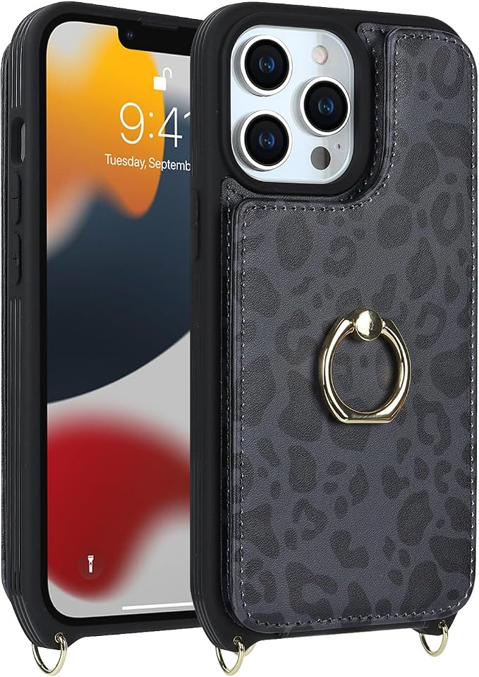 Lipvina for iPhone 12/12 Pro Case with Card Holder and Strap for Women,Crossbody Lanyard,RFID Blocking,Kickstand Ring Stand,Snap Clasp,Cute Phone Wallet Cases 6.1 inch(Black Leopard)