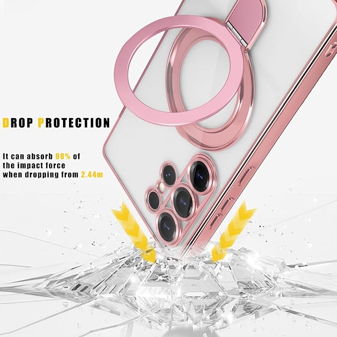 Magnetic for Samsung Galaxy S24 Ultra Case Stand & Ring Holder Compatible with MagSafe Built-in Camera Lens Protector Phone Case for Samsung S24 Ultra - Pink