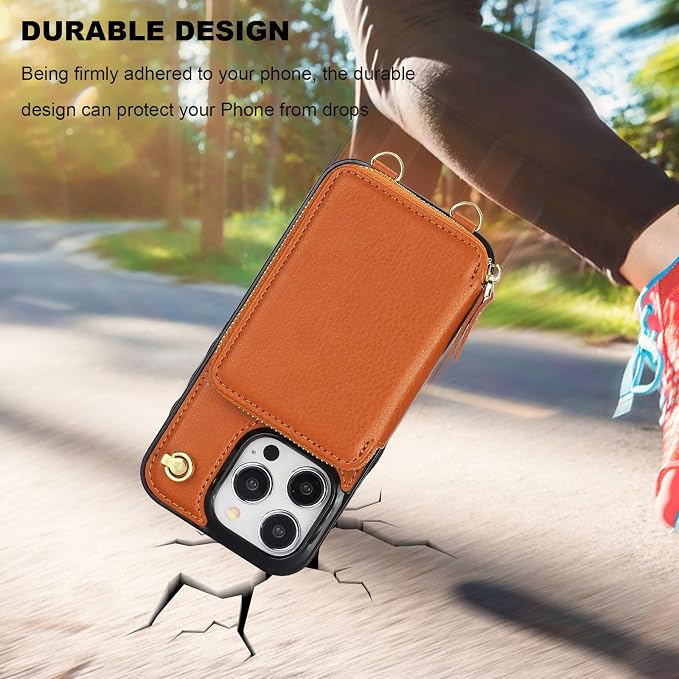 Bocasal Crossbody Wallet Case for iPhone 15 Pro, RFID Blocking Leather Purse Case with Card Holder, Protective Handbag Flip Cover with Zipper Wrist Strap Lanyard for Women 5G 6.1 Inch (Brown)