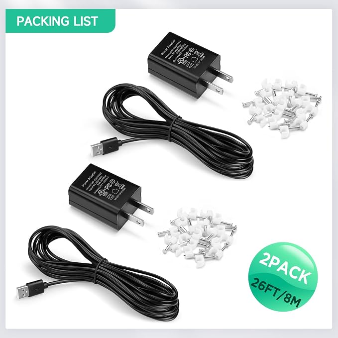 OLAIKE (2 Pack) 8m/26ft Charge Cable for Ring Stick Up Cam Battery/Plug-in & Ring Spotlight Cam Battery, Weatherproof Power Adapter Keep Charge Your Camera (No Camera), Blcak