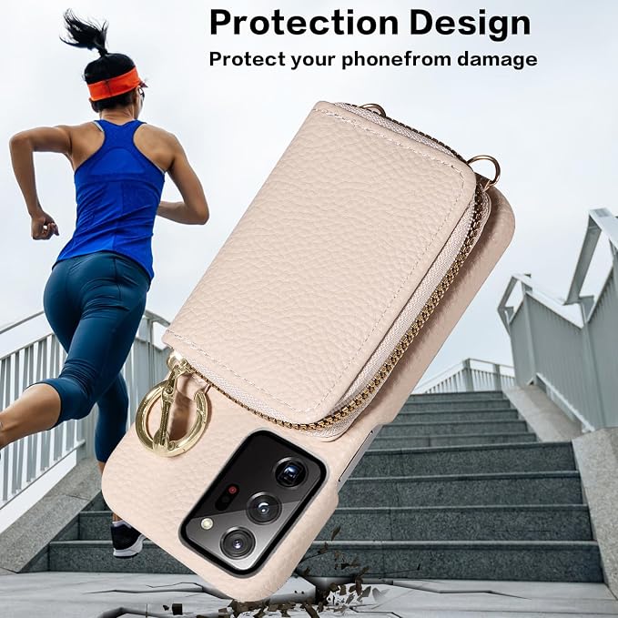 Wallet Case for Samsung Galaxy Note 20 Ultra 5G, Shoulder Strap Ring Buckle, Zipper Flip Organ Purse, Card Holder Phone Cover for Note20 Plus Notes 20Ultra Note20+ U + 20+ Twenty Not S20 White