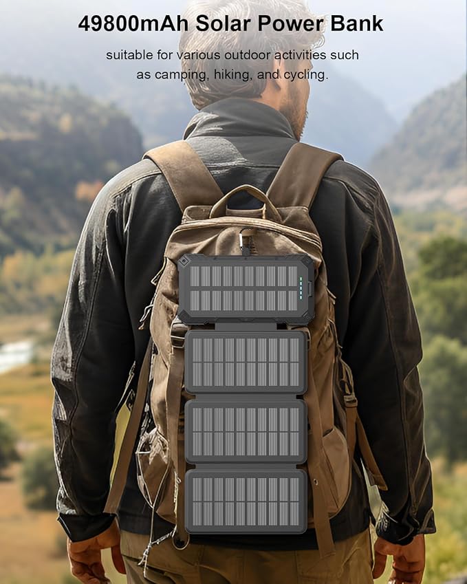 Solar Charger Power Bank 49800mAh with 4 Built-in Cables & 4 Foldable Panels, PD22.5W Fast Portable Phone Charger, External Battery Pack with USB-C in/Output & Flashlight for Outdoor Camping