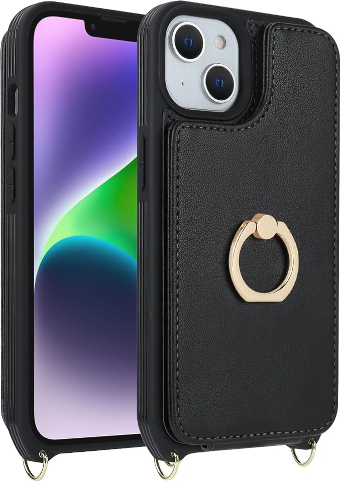 Lipvina for iPhone 13 Case with Card Holder and Strap - Women's Crossbody Lanyard,RFID Blocking, Ring Stand,Snap Clasp, RFID Blocking Phone Wallet Case 6.1 inch (Black)