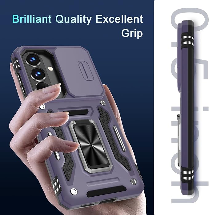 DEERLAMN Case for Samsung Galaxy S26 6.3-Inch with Slide Camera Cover+Screen Protector(1 Pack), Rotated Ring Kickstand Military Grade Shockproof Protective Cover-Deep Purple