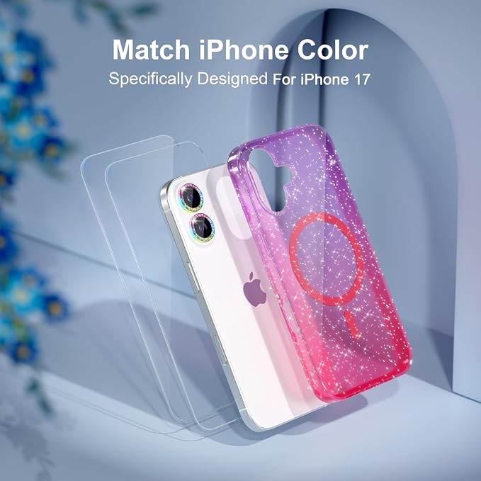 Choiche Magnetic for iPhone 17 Case Compatible with MagSafe, Women Cute Glitter Sparkly Phone Case with Diamond Camera Lens Protectors, Military-Grade Drop Protection 6.3" (Purple/Pink)
