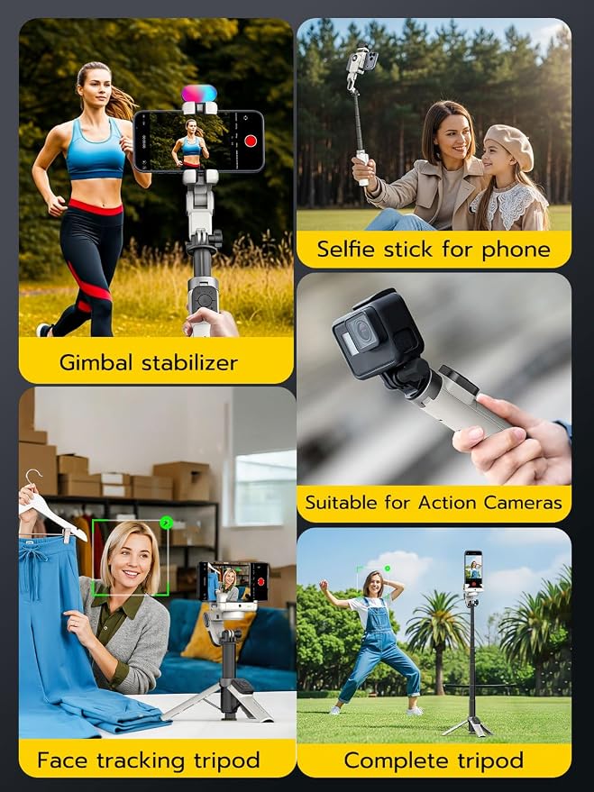 AOCHUAN Gimbal Stabilizer for iPhone, 4 in 1 Phone Gimbal w/360° Rotation for Andriod Sefie Stick Tripod w/Auto Face Tracking and Wireless Remote for TikTok -M3 Promini White