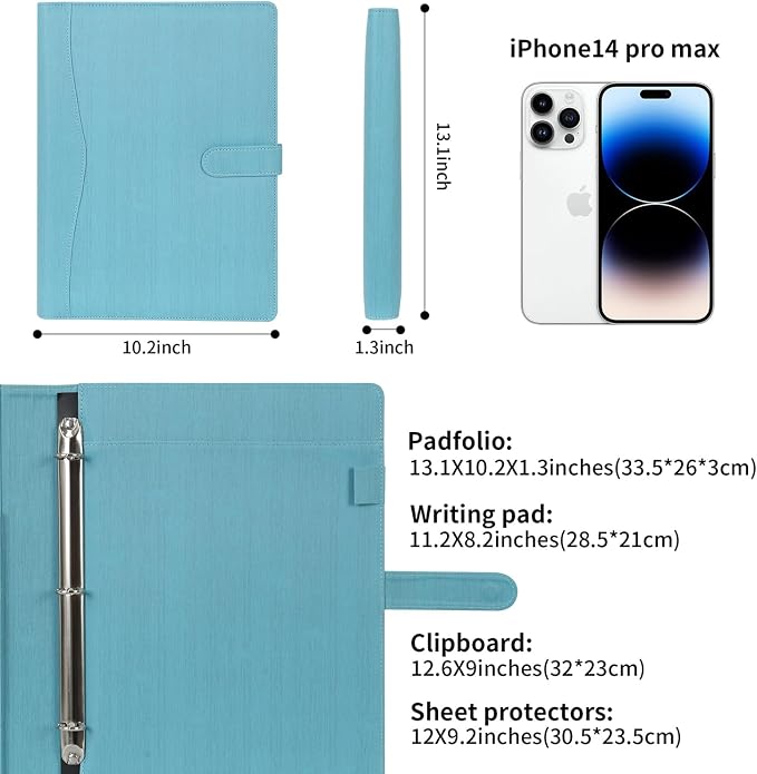 Wonderpool A4 PU Leather Portfolio Holder Ring File Document Case with Removable Binder Clipboard, Multi Pocket and Legal Pad for Business Organizer Interview and Meeting (Light Blue)