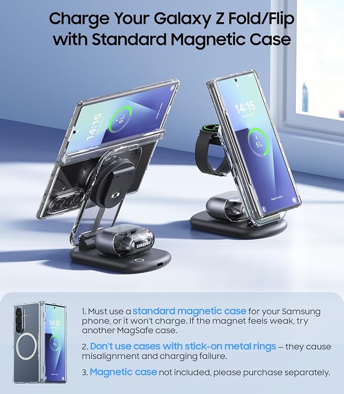 3 in 1 Magnetic Wireless Charging Station for Samsung, Foldable MagSafe Charger Stand with Switchable Night Light for Galaxy S26/S25/Z Fold/Z Flip, Watch Charger for Galaxy Watch Ultra/8/7/6, for Buds