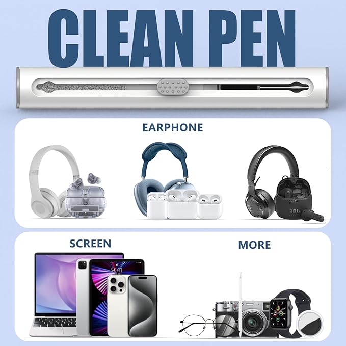 Cleaner Kit for AirPods Pro 1 2 3 Earbuds,Cleaning Kit Pen Shape with Soft Brush Flocking Sponge Tool for Bluetooth Earphones Headphones Charging Case,Phone,Camera and Computer(White+Cloth)