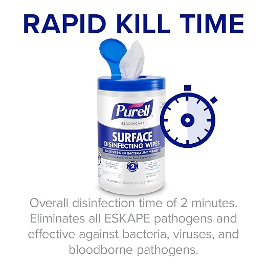 PURELL Healthcare Surface Disinfecting Wipes, 110 Count Canister, 7”x 10” Wipes (Pack of 6) – 9340-06