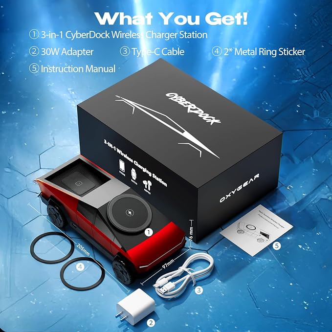 CyberDock 3-in-1 Wireless Charging Station, Cybertruck 1:25 Scale Charger with Qi2 Certified 15W Charging for iPhone iWatch AirPods, Magnetic Rotating Charger with Ambient Light, 30W Adapter, Red