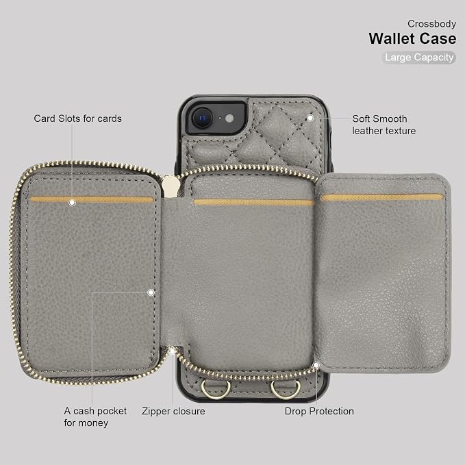 Bocasal Crossbody Wallet Case for iPhone SE 2022/SE 2020/8/7, RFID Blocking PU Leather Zipper Handbag Purse Flip Cover, Kickstand Folio Case with Card Slots Holder Wrist Strap Lanyard 4.7 Inch (Grey)