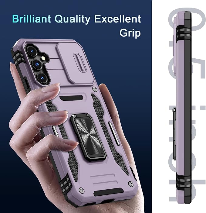 DEERLAMN Case for Samsung Galaxy S23 FE 6.4-Inch with Slide Camera Cover+Screen Protector(1 Pack),Rotated Ring Kickstand Military Grade Shockproof Protective Cover-Deep Purple