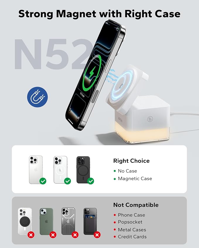 KPON for iPhone Nightstand Charging Station,15W 3 in 1 Wireless Phone Charger Stand with Night Lamp, Travel Foldable Magnetic Cube Magsafe Dock for iPhone 17 16 15 14 13 12 Series/Apple Watch/Airpods