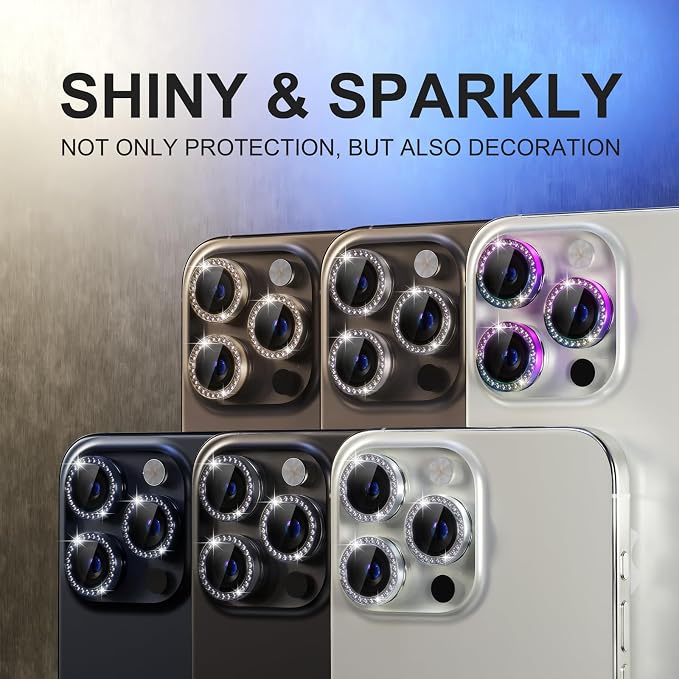 Choiche Compatible for iPhone 15 Pro/iPhone 15 Pro Max Camera Lens Protector Bling, 9H Tempered Glass Camera Cover Screen Protector Metal Ring Decoration Accessories (Diamond-Colorful)
