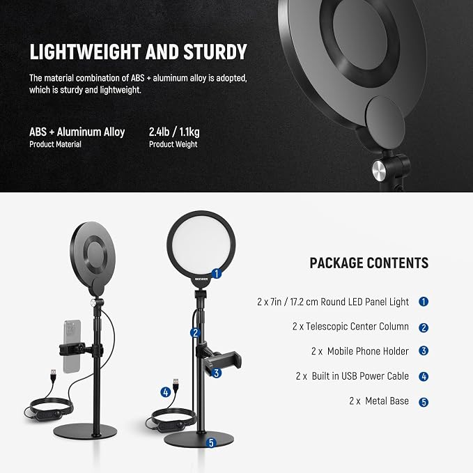 NEEWER Basics 2 Pack 7" Desktop Ring Lights for Video Recording, 10W Dimmable Full Screen Key Lighting with Desk Stands & Phone Holders for iPhone Computer Laptop Vlog Streaming Video Conference, R06