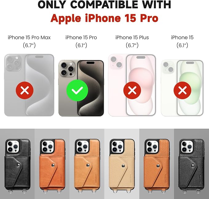 LUCKYCOIN for iPhone 15 Pro Crossbody Wallet Case – Genuine Leather Phone Purse with Adjustable Strap and Card Holder,Lanyard Phone Purse Case for Women,Vintage Brown