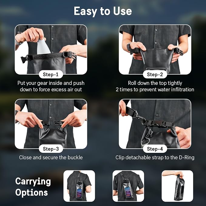Pelican Marine IP68 Waterproof Dry Bag 2L - Roll Top Waterproof Backpack w/Phone Case/Pouch - Boating & Kayak Accessories - Essentials for Camping Swimming Beach Fishing Rafting Travel - Black
