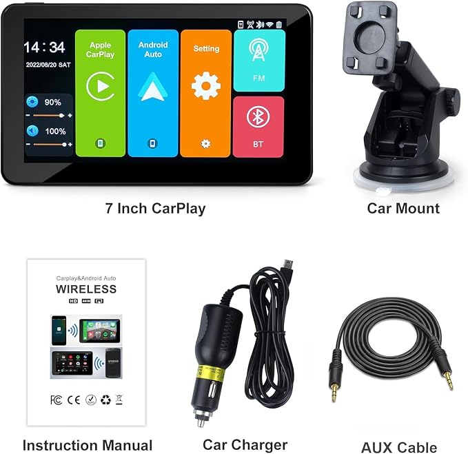 7" HD Apple CarPlay & Android Auto Screen for Car | Portable Touchscreen Screen Naivgation Car Stereo, with CarPlay Bluetooth, Mirror Link, Siri, Hands-Free Calling, AirPlay, FM/AUX & Voice Assistant