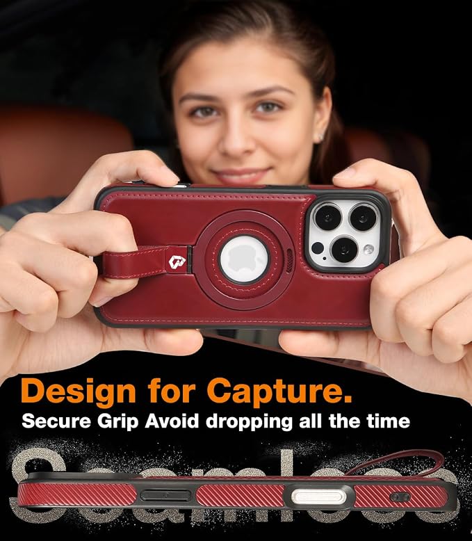 for iPhone 15 Plus/iPhone 14 Plus Leather Case with Stand, Anti-Slip Grip Ring, Fits for MagSafe (Burgundy, iPhone 15/14 Plus)