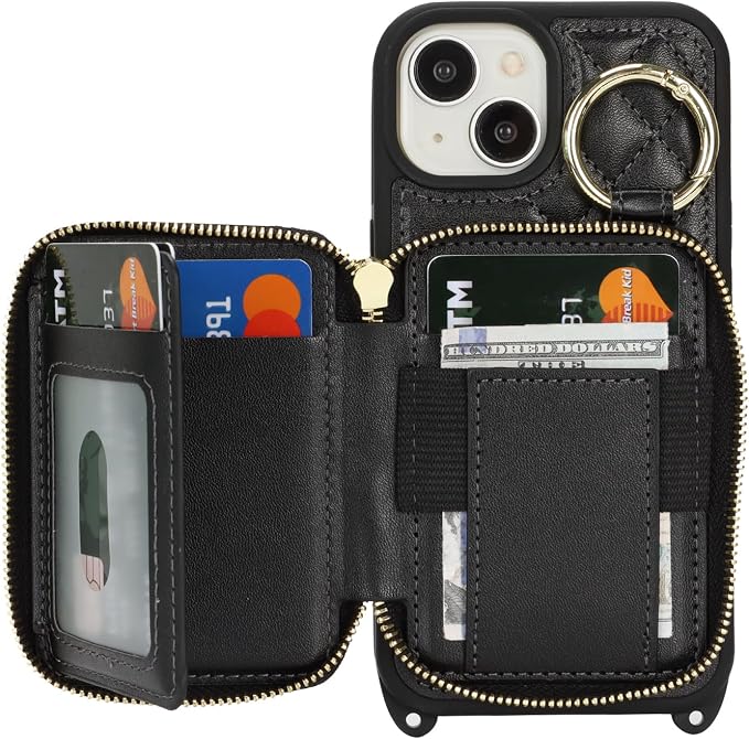 Crossbody Wallet Case for iPhone 14, PU Leather Zipper Handbag Purse Flip Cover, Kickstand Folio Case with Card Slots Holder Wrist Strap Lanyard 5G 6.1 Inch-Black